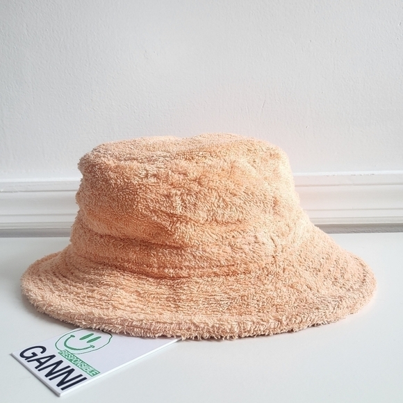New GANNI Logo Embroidered Terrycloth Bucket Beach Hat Peach Fuzz NWT Size XS/S main image 9